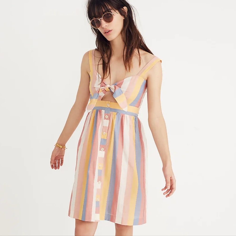 MADEWELL Tie-Front Cutout Dress in Sherbet Stripe Size 4